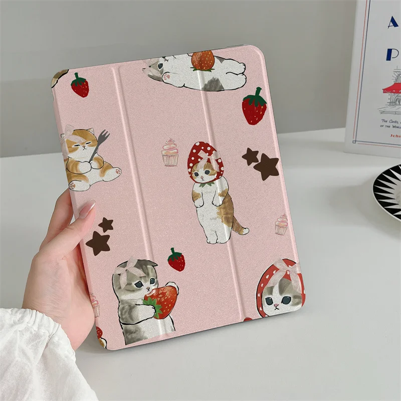 

Kawaii Strawberry Cat Case For iPad 10 Pro 11 inch Air 2024 iPad Air 5/4 10.9 10.2 9.7 inch 10.5 mini 6/5 Cover with Pen Holder