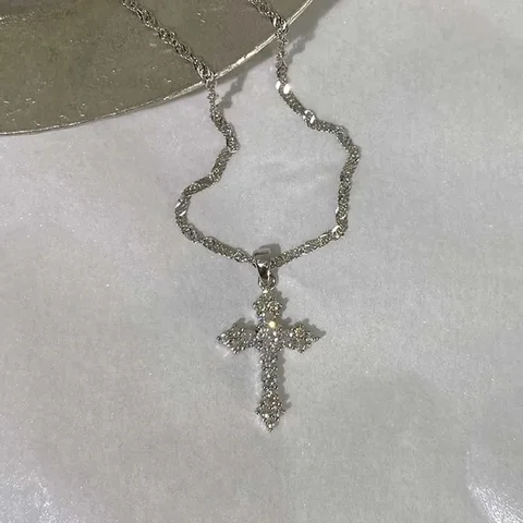 Punk Silver Thin Chain Cross Necklace Sparkling Crystal Zircon Pendant Women Fashion Party Jewelry Gift