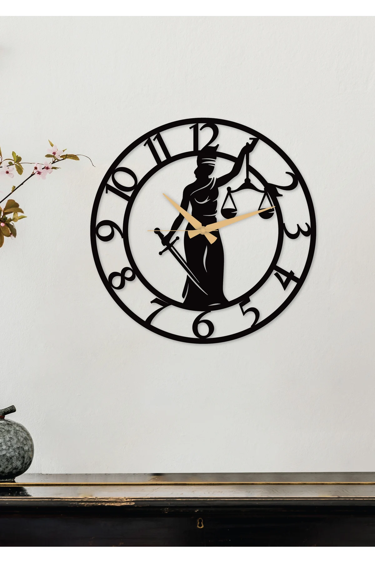 Justice Woman Lawyer Metal Black Wall Home Office Clock with Numbers - Gift Clock -50x50 Cm Justice Metal Black Wall Clock Moder