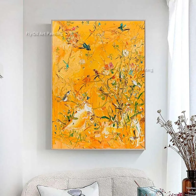 

Flowers And Birds Texture Oil Canvas Painting Hand Painted Birds On Tree Yellow Landscape Large Size Sofa Background Wall Decor