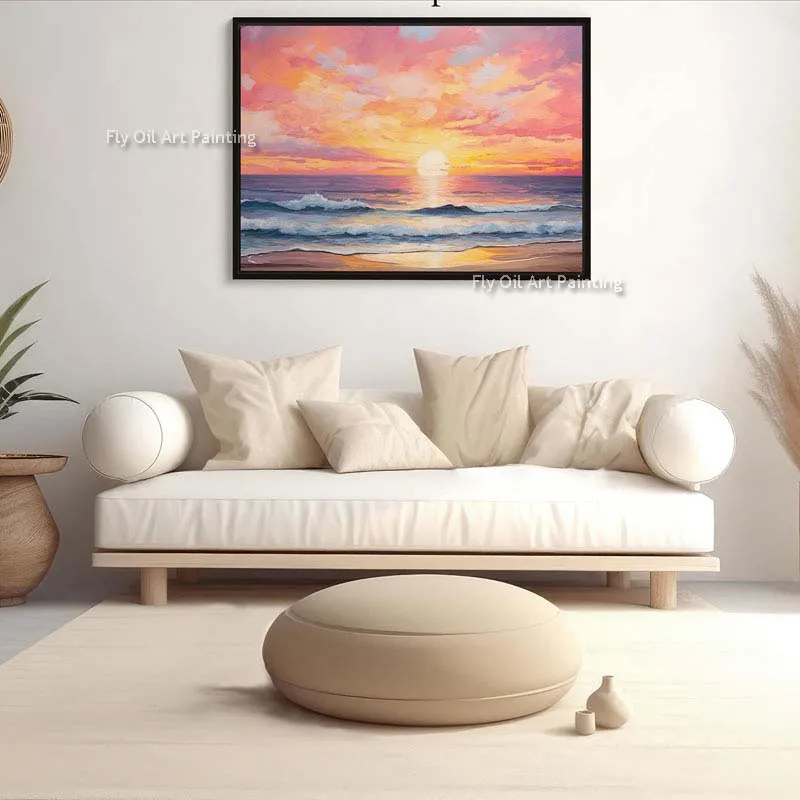 Ocean Sunset Canvas Oil Painting Hand Pianted Ocean Decor Sunset Beach Wall Art Seascape Painting Coastal Canvas Wall Art Decor