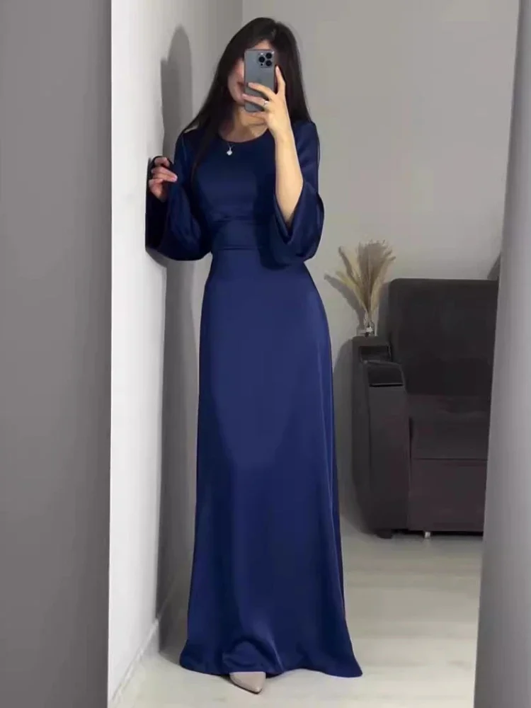 Wiosna Eid Muslim Dress Women Abaya Slim Fit Bandage Satin Solid Morocco Party Dresses Ramadan Islam Dubai Arab Long Robe 2024 — zdjęcie 2