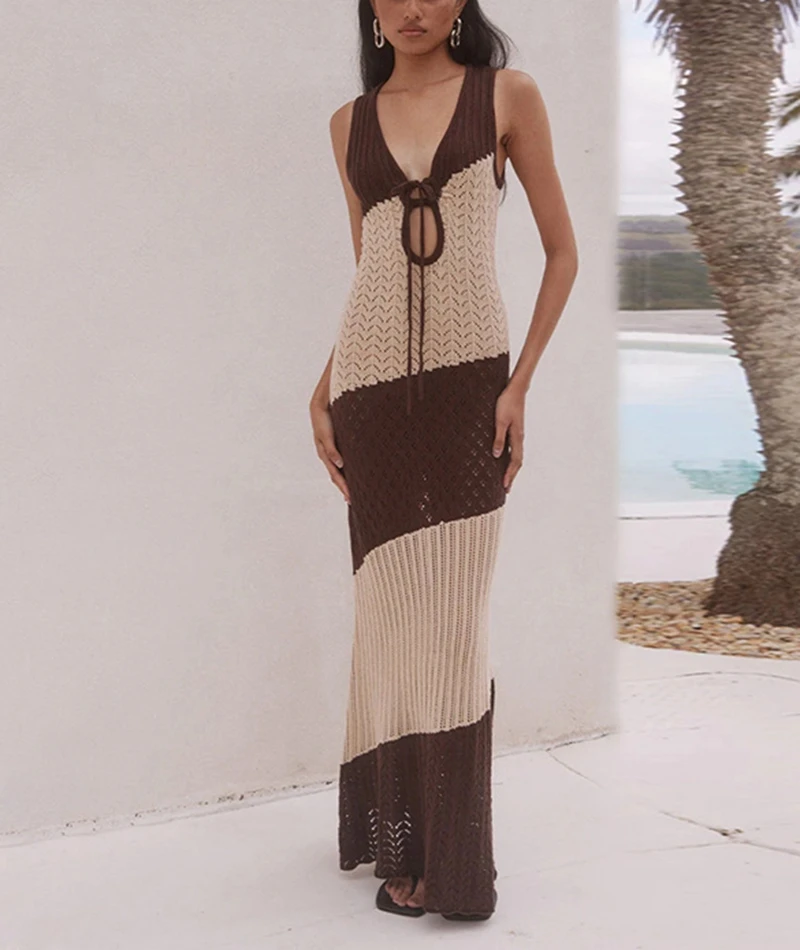 Women's Deep V Neck Sleeveless Long Knitted Dress Beach Bathing Suit Sexy Hollow Out Crocheted Swimsuit Bikini Cover-Up Robe