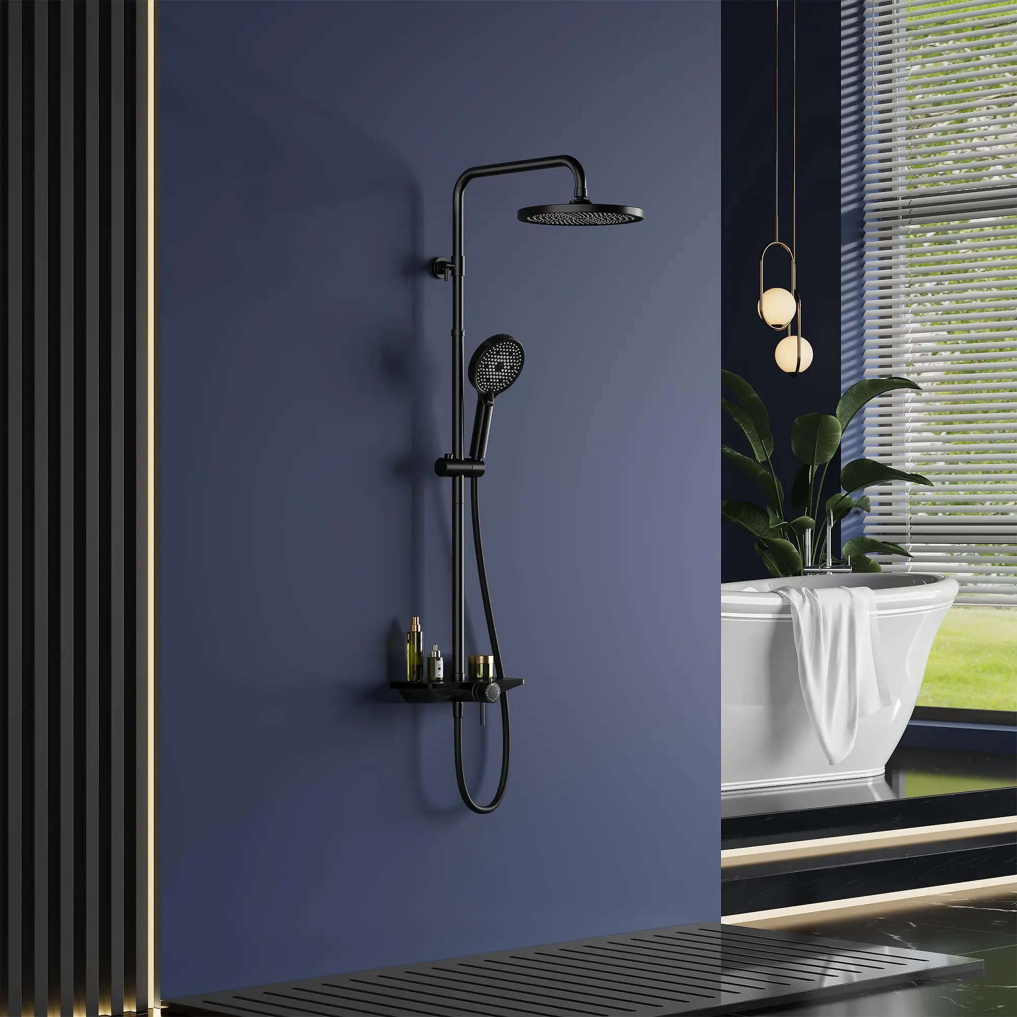 Système de douche avec robinet et étagère, ensemble de douche à effet pluie inclus. Pommeau de douche pluie 250 mm, douchette à 3+1 fonctions avec pulvérisateur bidet, support de douche réglable en hauteur, chromé, acier inoxydable