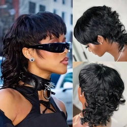Body Wave Remy Human Hair Mullet Wig With Bangs Natural Black Pixie Cut Full Machine Made Wigs