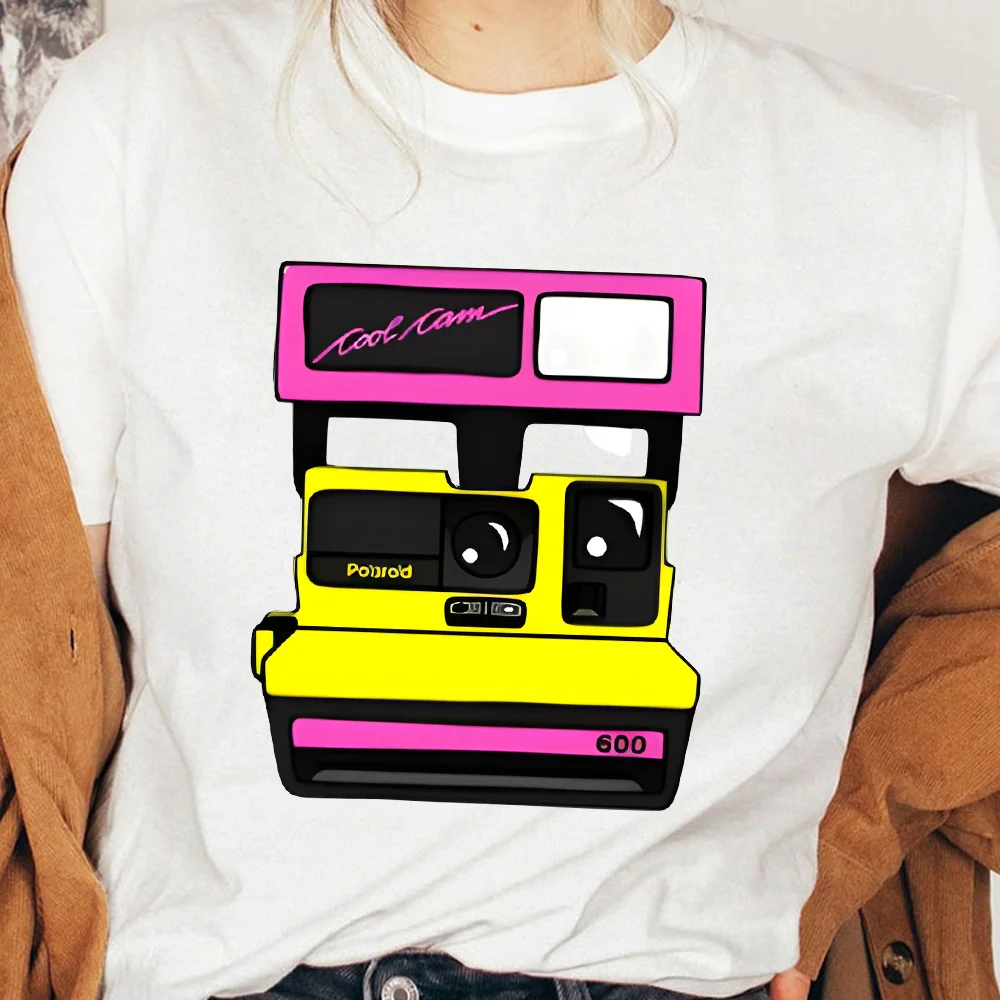 

Pink Camera Tee White T Shirt Vibrant Retro Camera Graphic Casual Loose Short Sleeved Nostalgic Photographer Comfortable Top