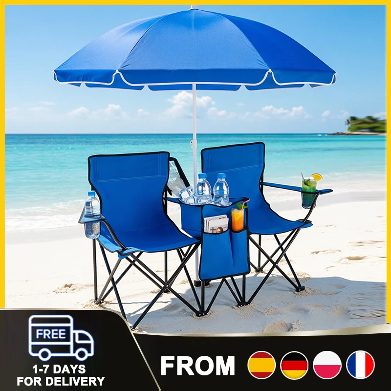Chaise de camping double pliable avec auvent, capacité de charge de 270 kg, avec 2 porte-gobelets et table latérale pour se détendre en plein air, idéale pour la plage et le parc