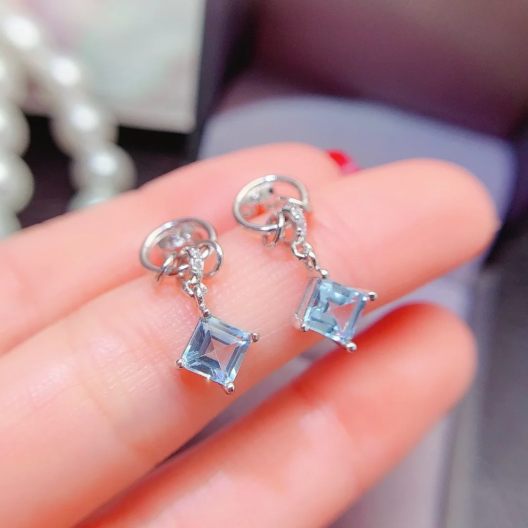 

Boutique Jewelry Natural Sky Blue Topaz Gemstone 5x5mm Women's Plated 18K White Square Earrings 925 Pure Silver Gift for Girl