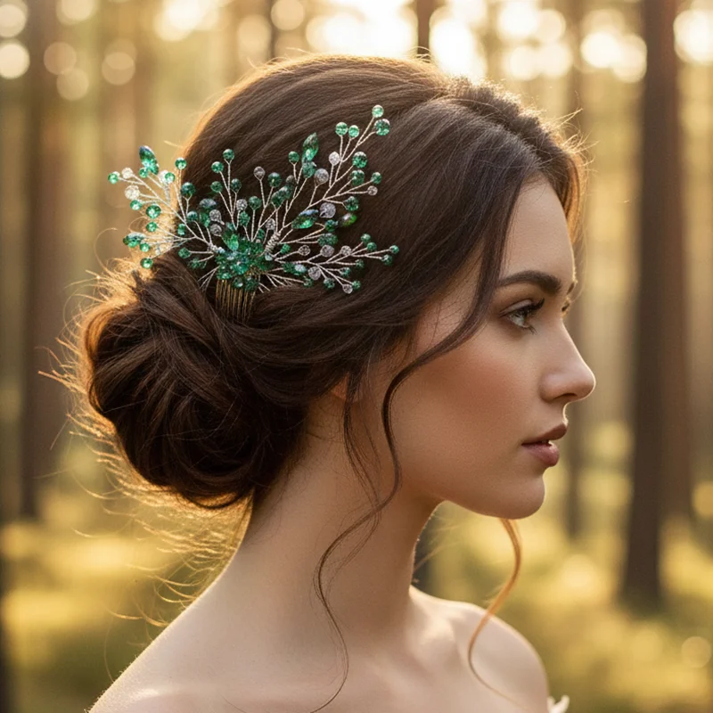 Handmade Green Crystal Branch Headpiece for Women Bridal Emerald Rhinestone Hair Pin Wedding Party Prom Fashion Hair Accessories