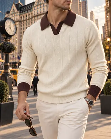 Men's Soft Lapel Sweater - Elastic Knitted V-neck Pullover, Double- Jacquard Texture Contrasting Color Design, Suitable for Daily Casual And Light Business, Warm Sweater for Autumn And Winter, Multifunctional Gift for Professionals