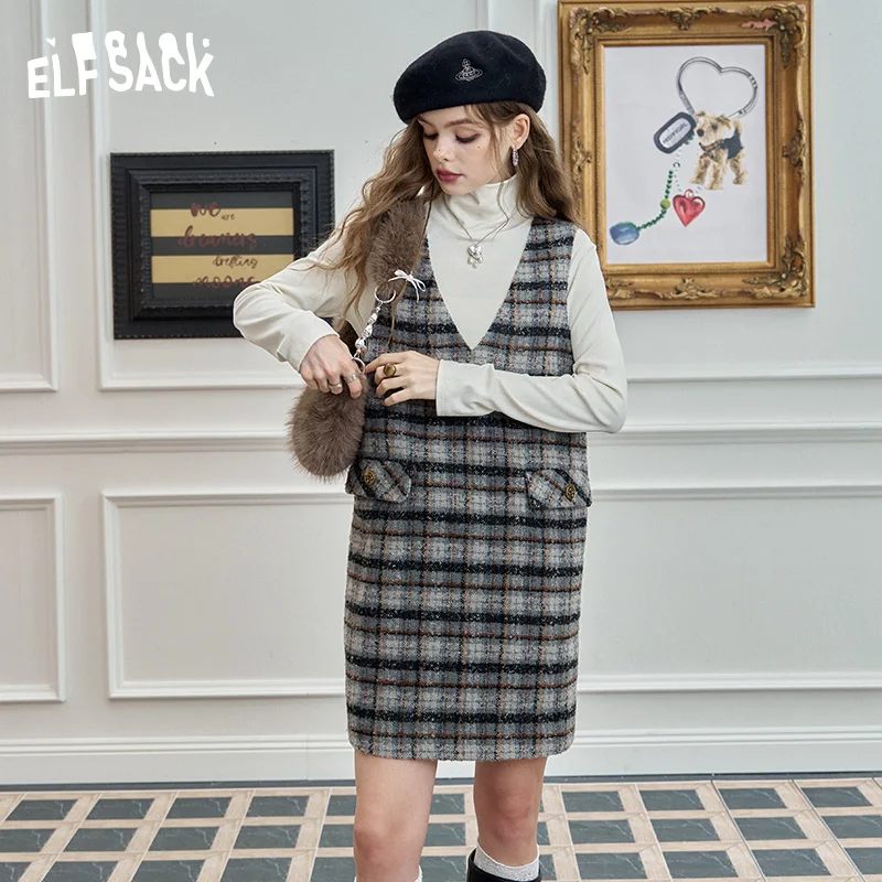 ELFSACK 2024 Winter New Arrivals Retro plaid vest dress, elegant preppy style loose yarn-dyed plaid