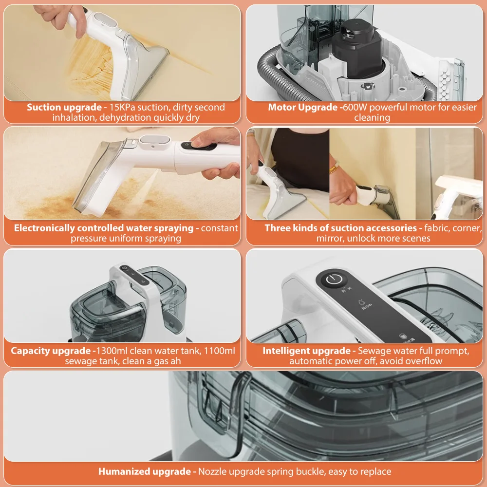 Tragbarer Teppichreiniger 600W 15KPa, tragbarer Reiniger für Auto, Sofa, Tierhaare, Sprüh- und Saugreiniger, Reinigungsmaschine für Heimtextilien – Detail 8