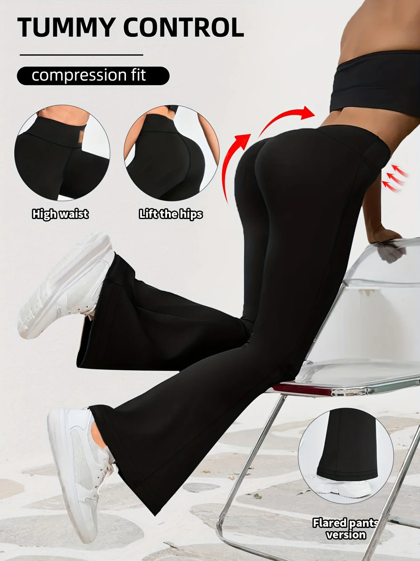 Leggings da donna primaverili con elasticità in vita alta, design con orlo leggermente svasato, tessuto confortevole, adatti per lo yoga