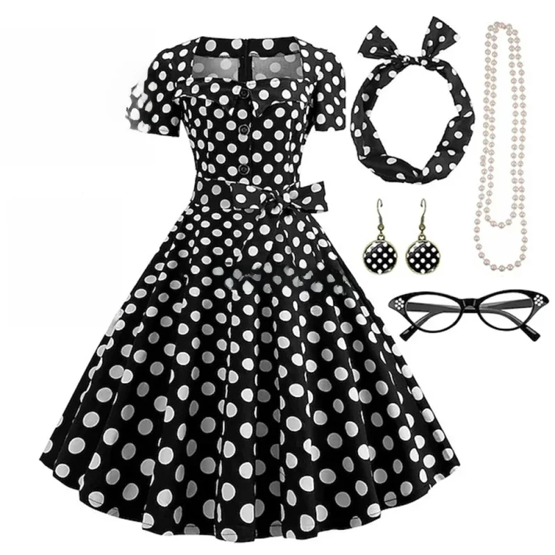 50s Vintage Hepburn Dress For Women Retro Black Point Square Neck A-Line Dress With Glasses Scarf Gloves Suit Halloween Costumes — zdjęcie 2