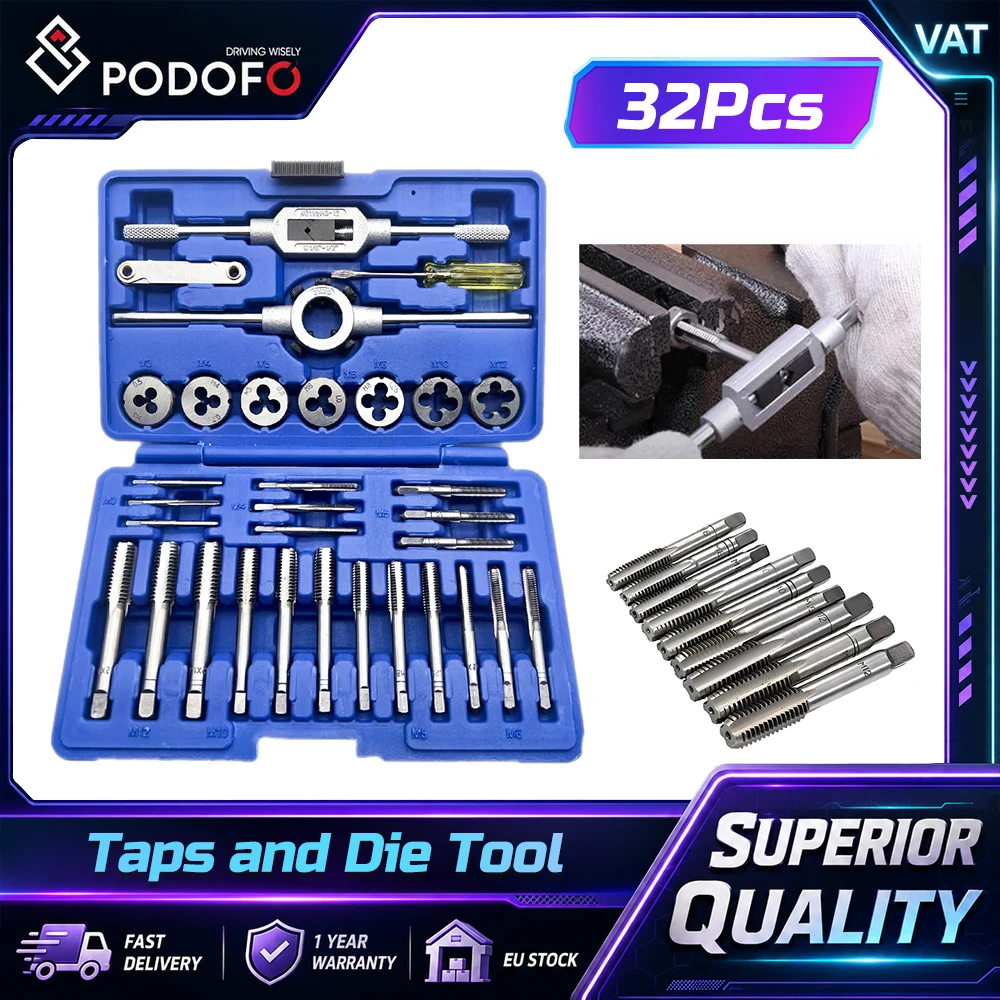 Jeu de tarauds et filières métriques Podofo 32 pièces, outils de filetage professionnels pour le travail des métaux de précision, comprend des tarauds, des filières et une clé M3-M12, construction en acier CR-V