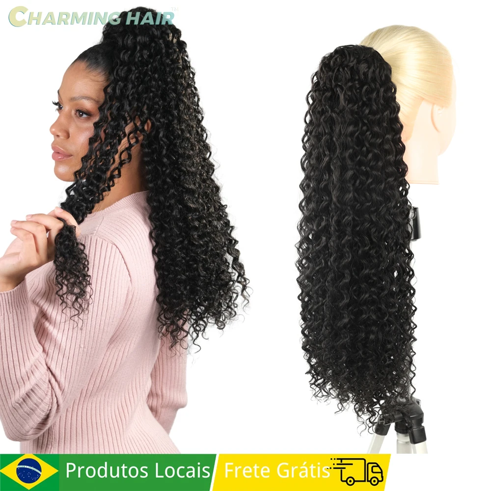 Aplique Rabo de Cavalo de Fibra Bio Proteína de Alta Temperatura com Cordão, Cabelo Afro Cacheado Feminino 70cm 160g
