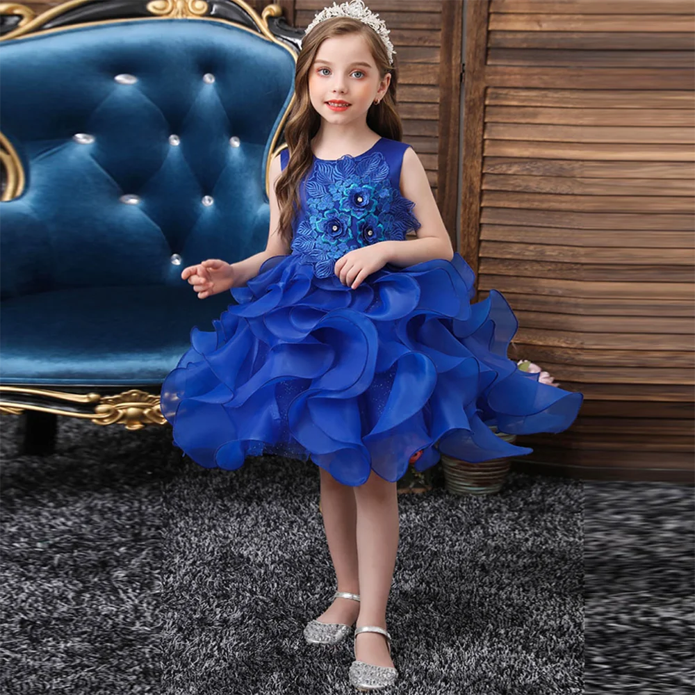 Lovely Flower Girls Dress For Wedding Blue Applique Irregular Ruched Party Children Pageant Gown Formal Evening Kids Dresses