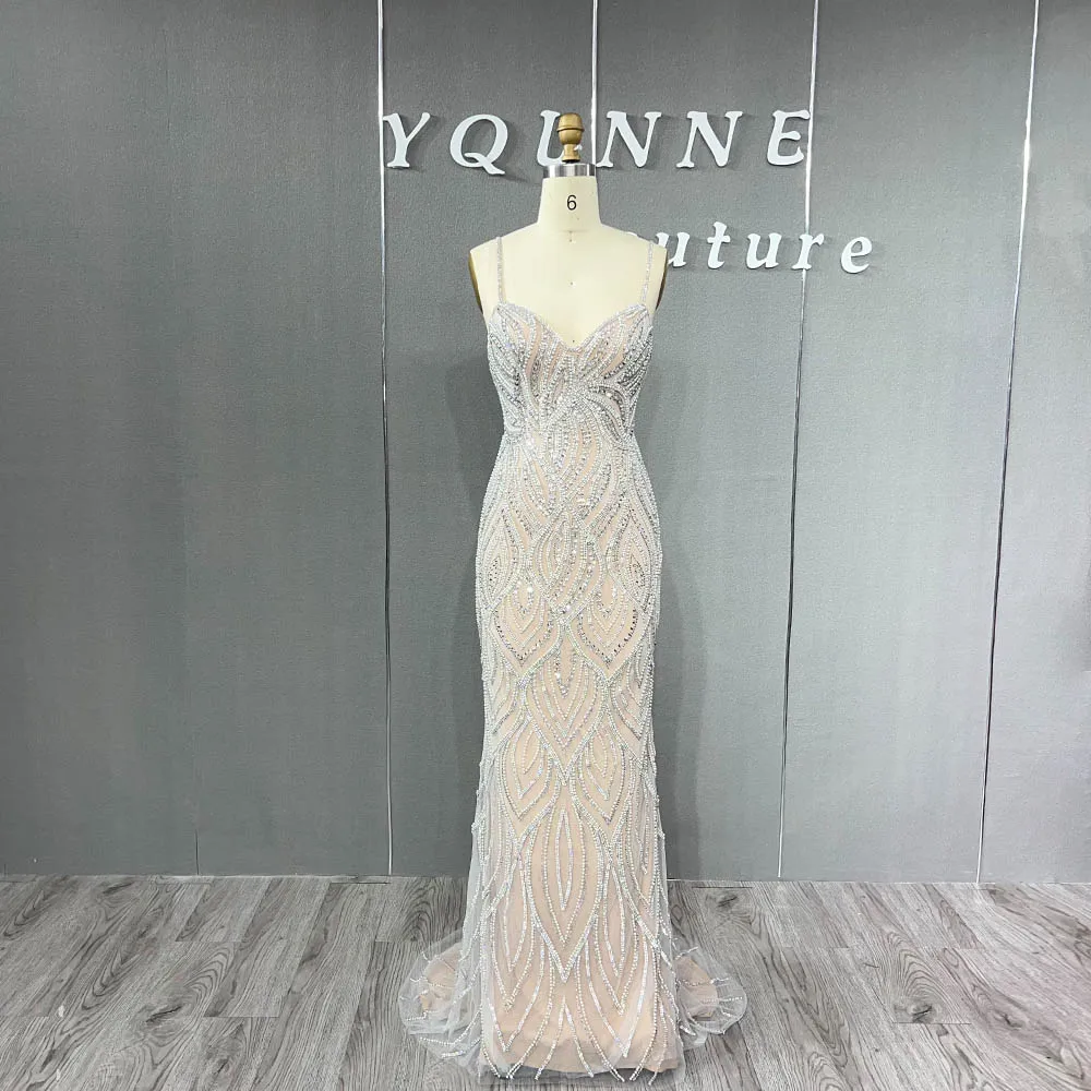 Gorgeous Straps Nude Crystals Beaded Evening Dresses Mermaid Silver Tulle Women Party Gown Vestido De Noche