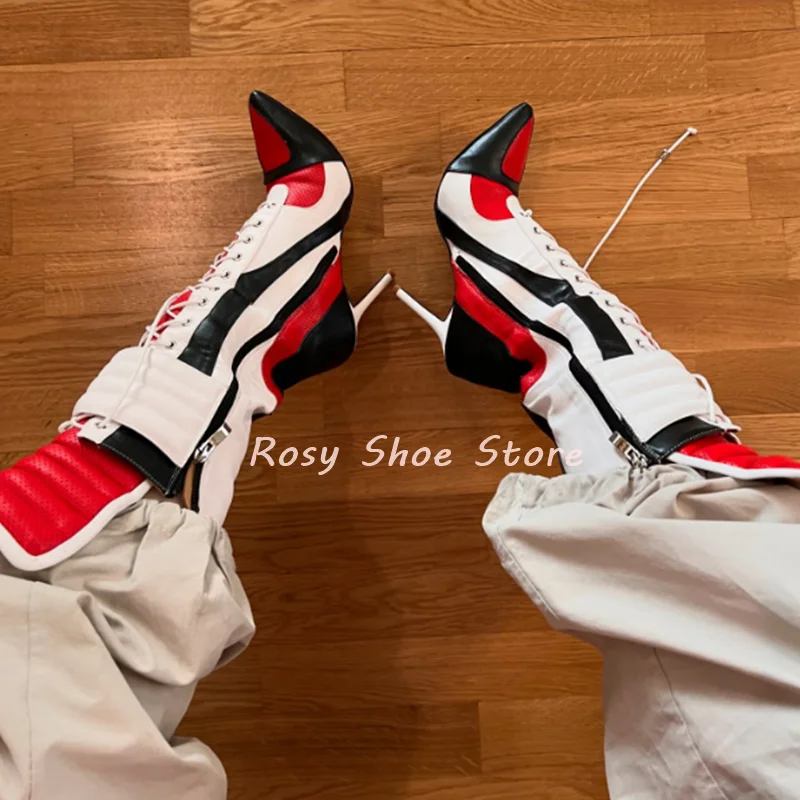 

Fashion Punk Splicing Pointed Toe Rock Sexy Women's Boot Mixed Color Lace Up Banquet Party Stiletto Boot Retro Trendy Short Boot