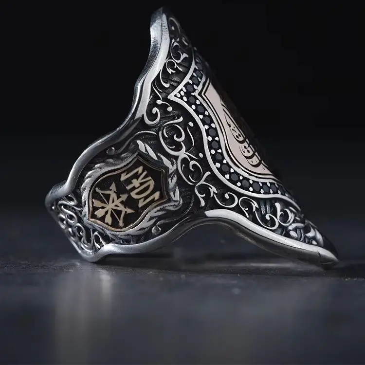 The Thumb Ring Of Göktürkçe 925 Sterling Silver Head Archer Band Surah Anfal Sideways 3 Arrows 1 Bow Has Been Processed Turkish