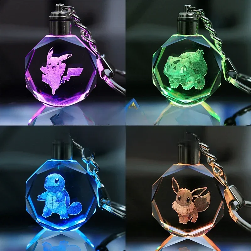 Porte-clés lumineux Pokemon Pikachu 3D, figurines Charizard Mewtwo, jouet poupée en cristal, veilleuse pendentif en métal, cadeau d'anniversaire pour enfant