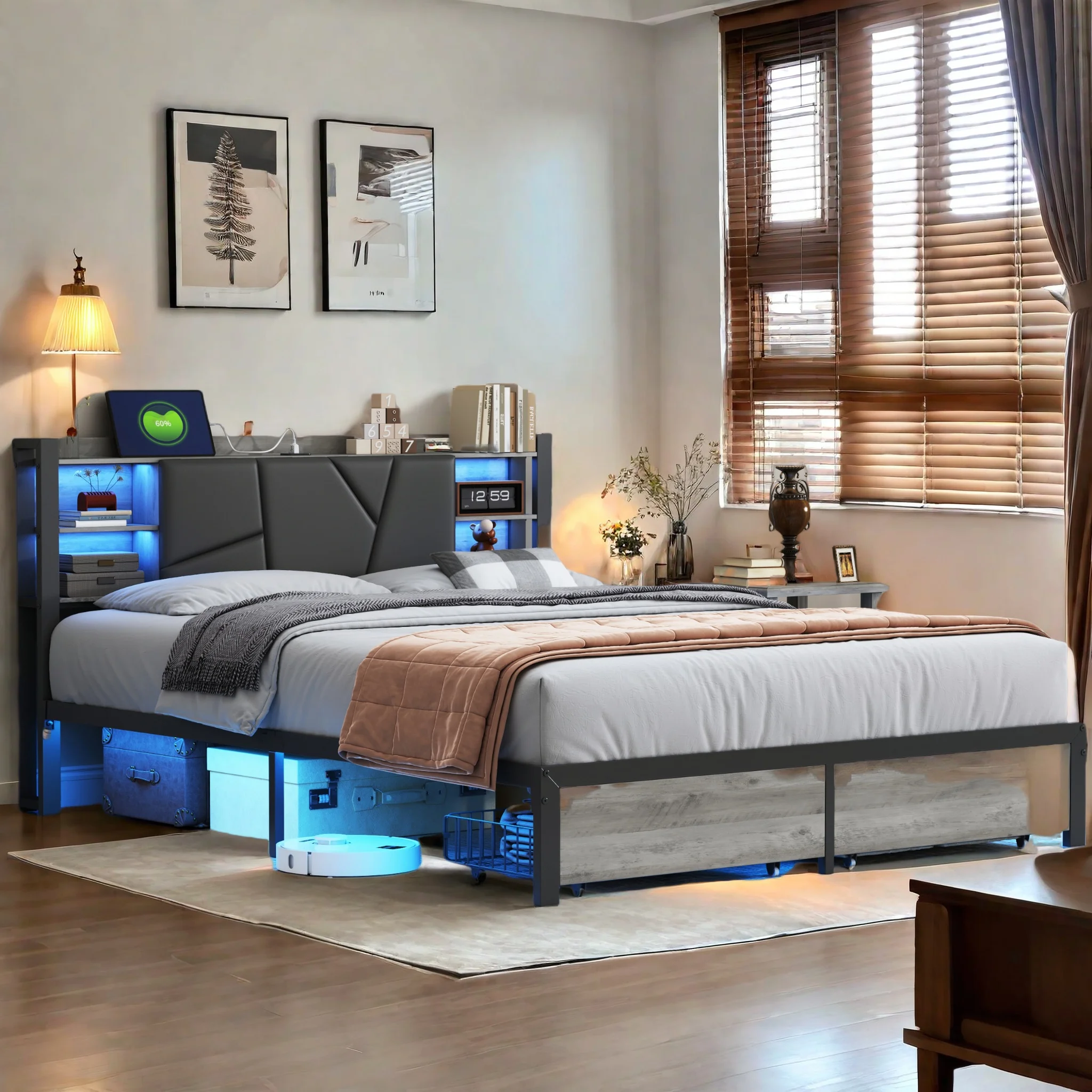 WoodenAura Cama doble 140x200 cm, Estructura de cama de metal con somier, cama 140x200 cm 2 personas LED y 2 cajones, sin colchón