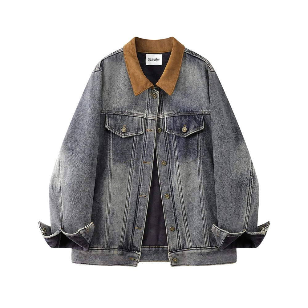 Fleece Lined Denim Jacket Women Winter Warm Jean Coat Vintage Suede Collar Workwear Regular Fit Washed Grey Casual Outerwear