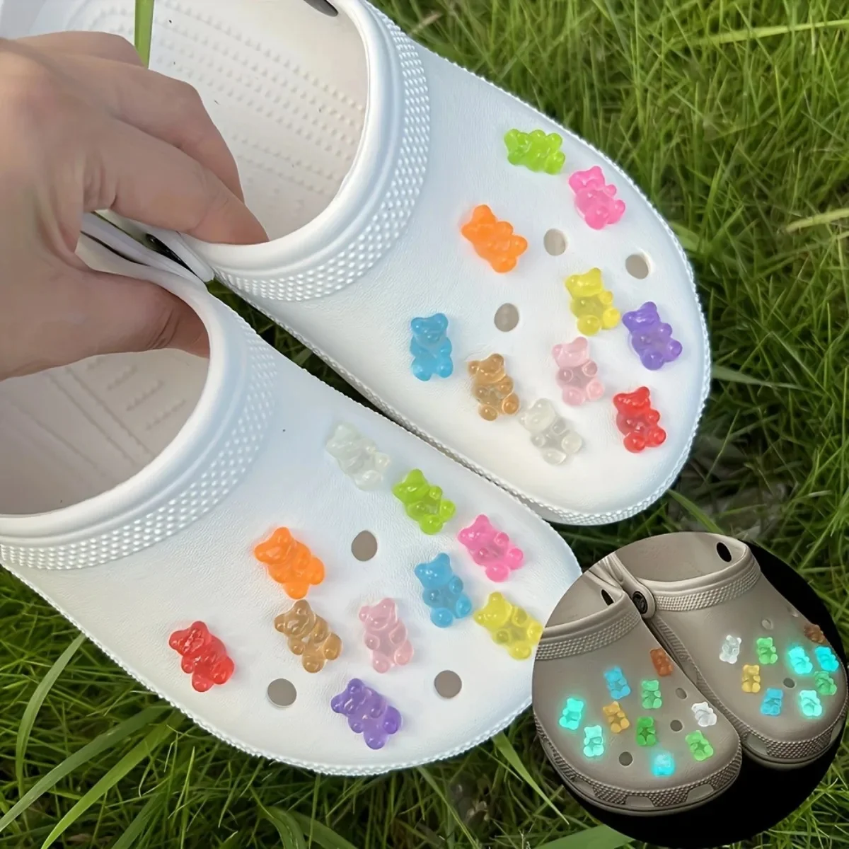 Ensemble d'ours mignons qui brillent dans le noir, breloques de chaussures pour sabots, accessoires, Clips lumineux, diapositives, sandales, boucles de chaussures de jardin, décor