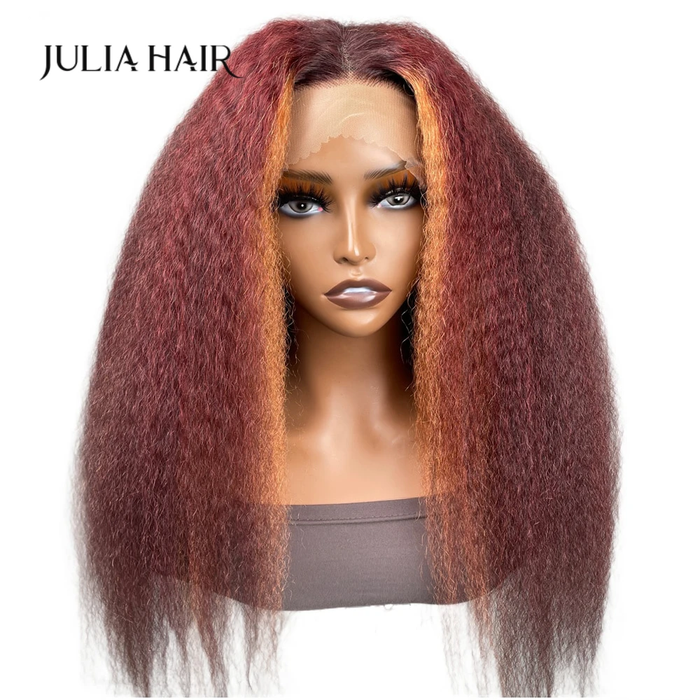 Julia Hair Colorful Lace Front Wig Orange Burgundy Red Multi Color Kinky Straight Human Hair Wigs Colored Density 200% Baby Hair