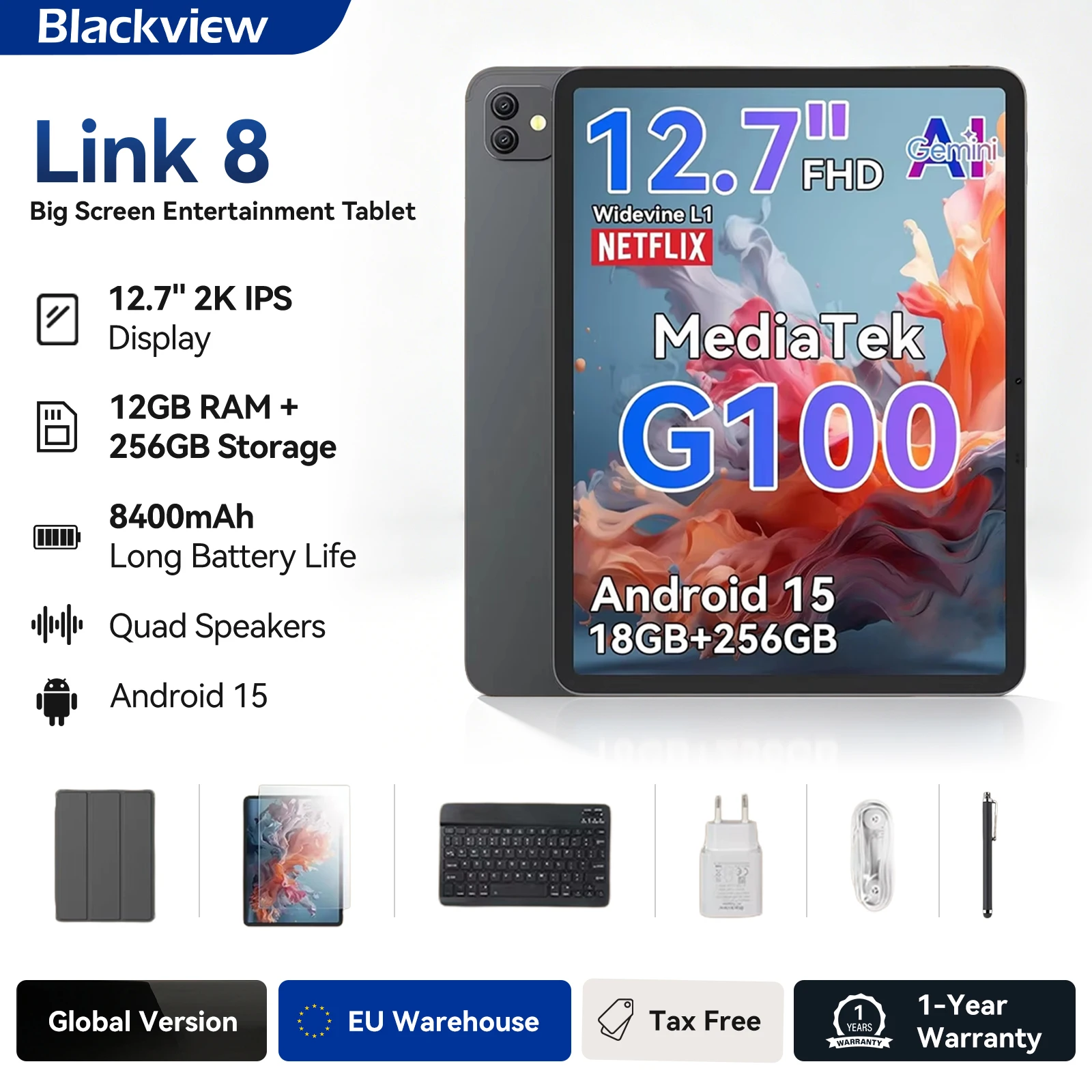 Blackview Link 8 Tablet PC 12.7 Inches 2K Display, Tablet with Keyboard and Pen, 90Hz Gaming Android 15 Tablets, 12GB + 256GB