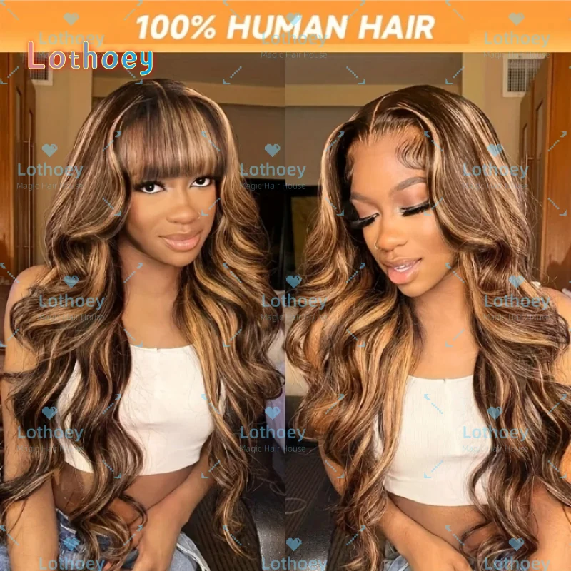 Бесклеевой парик из натуральных волос с объемной волной и челкой # 427 Медовый блонд с эффектом омбре, легко устанавливаемый естественный вид для женщин