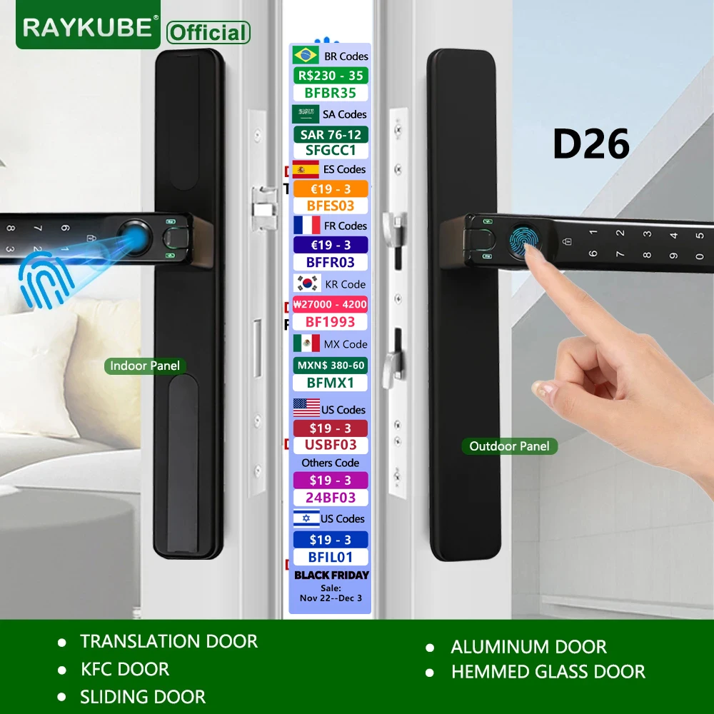 RAYKUBE D26 TT Lock Double-side Fingerprint Smart Door Lock with  Double-side Password/ Double-side Key APP For KFC/Sliding Door