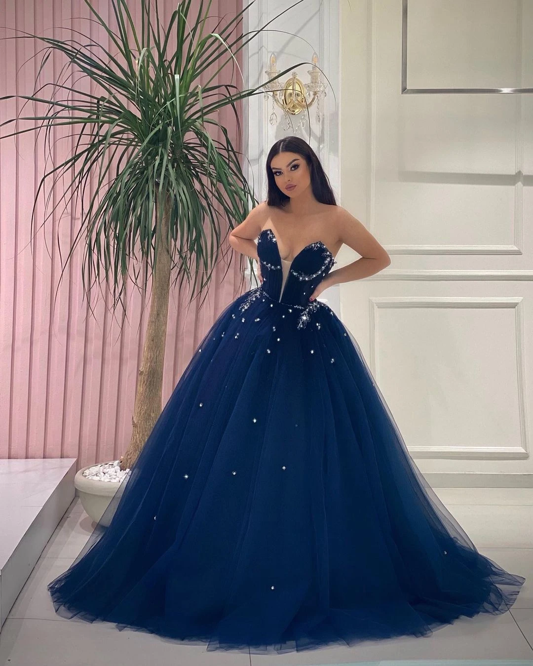 Vestido de tule com renda para mulheres, azul marinho, querida, vestidos elegantes Quinceanera, vestidos formais de festa, luxo, 2024