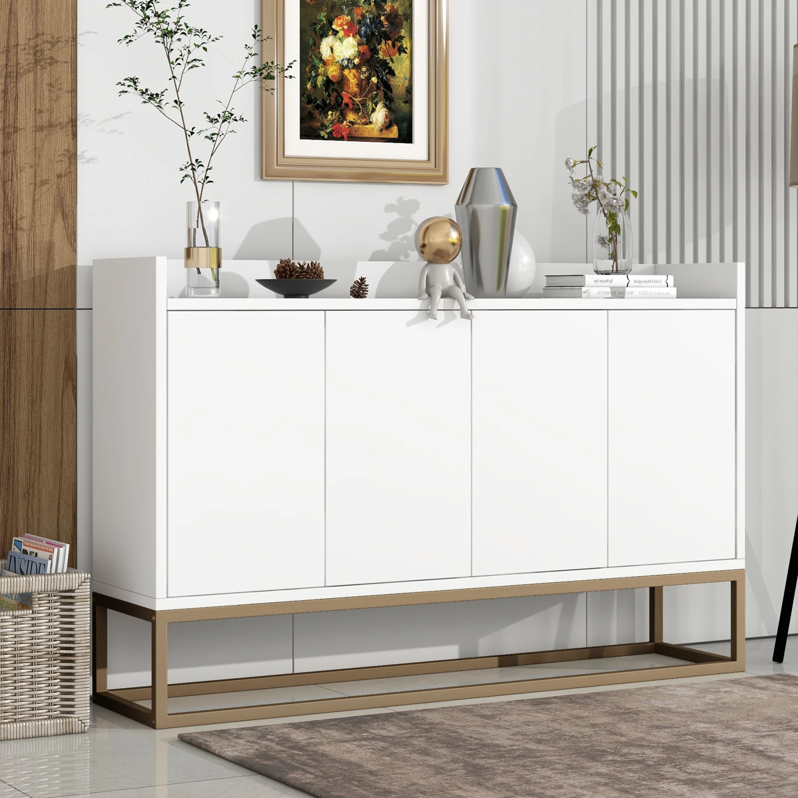 Modern sideboard in minimalist style 4-door handleless buffet cabinet for dining room, living room, kitchen (white)