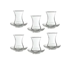 Pasabahce Chat Tea Set for 6 People Turkish Tea Glasses and Saucers 125 CC 12 Piece Tea Set Kitchen Product Home Decoration