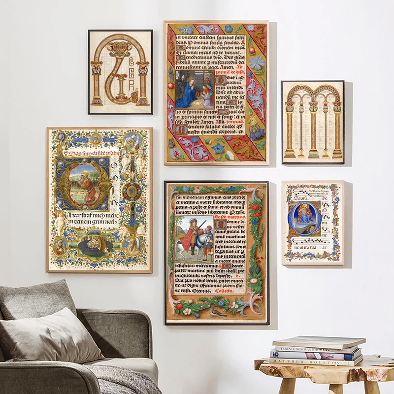 Medieval Theme Illuminated Manuscript Posters Middle Ages Art Prints Vintage Wall Canvas Painting Pictures For Living Room Decor
