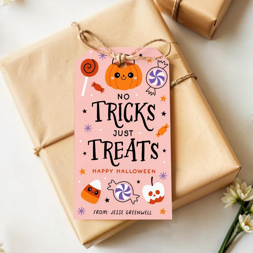 50 قطعة من علامات هدايا الهالوين قابلة للطباعة، علامة حقيبة الحلوى خدعة أو علاج، قابلة للتحرير للهالوين بدون خدع فقط علامة يعامل، حفلة الهالوين #4