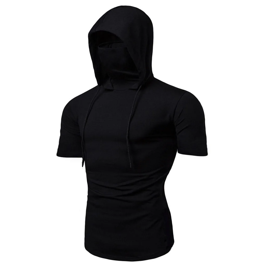 2022 new Fashion Sleeveless Mask Hooded T Shirt Men Casual Elastic Solid Fitness Tshirt Hip Hop Slim Fit Male T-shirt Streetwear