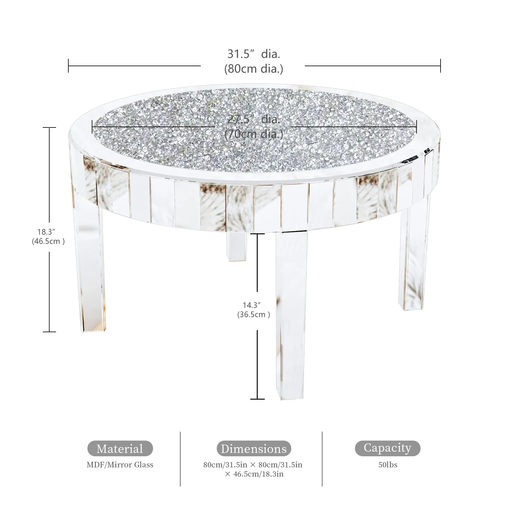 

P582 Coffee Table with Crystal Inlay, 31.5'' Modern Round Coffee Table with Mirror Surface, Silver Accent Table Living Room