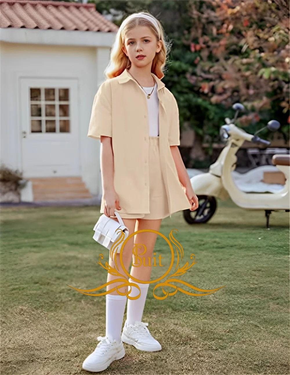 

2 Piece Girls Linen Suit Kids Outfit Button Down Short Sleeve Collared Shirt Shorts Set 2-16 Years Old