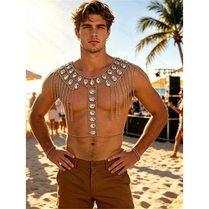 Men`s Rhinestone Body Chain Fringe Top Jewelry Punk Metal Chest Harness for Rave Festival Stage Performance Burning Man Outfit