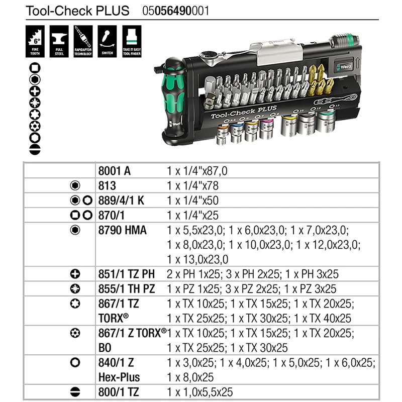 WERA Tool-Check Plus Ratchet Screwdriver Bit Set with Sockets - Metric No.05056490001