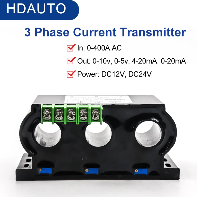 3 Phase AC Current Transmitter Input 0-500A AC Current Transducer DC 24V Power 4-20mA Output