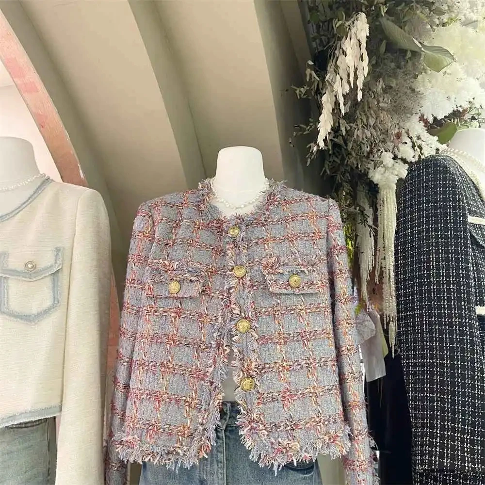 High Quality Vintage Fragrance Tweed Jacket Women Autumn Winter Casual Plaid Weave Short Coats