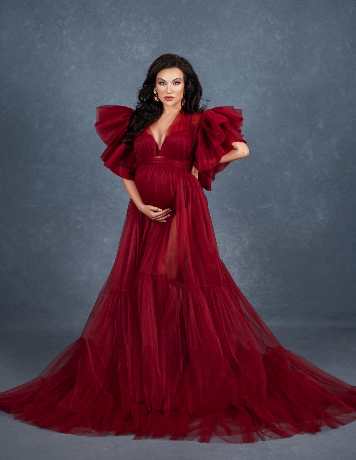 Sexy Dark Red Maternity Dress for Baby Shower New Ruffles Sleeve Pregnant Women Gowns Pregnancy Prom Dress Party Robe Photoshoot