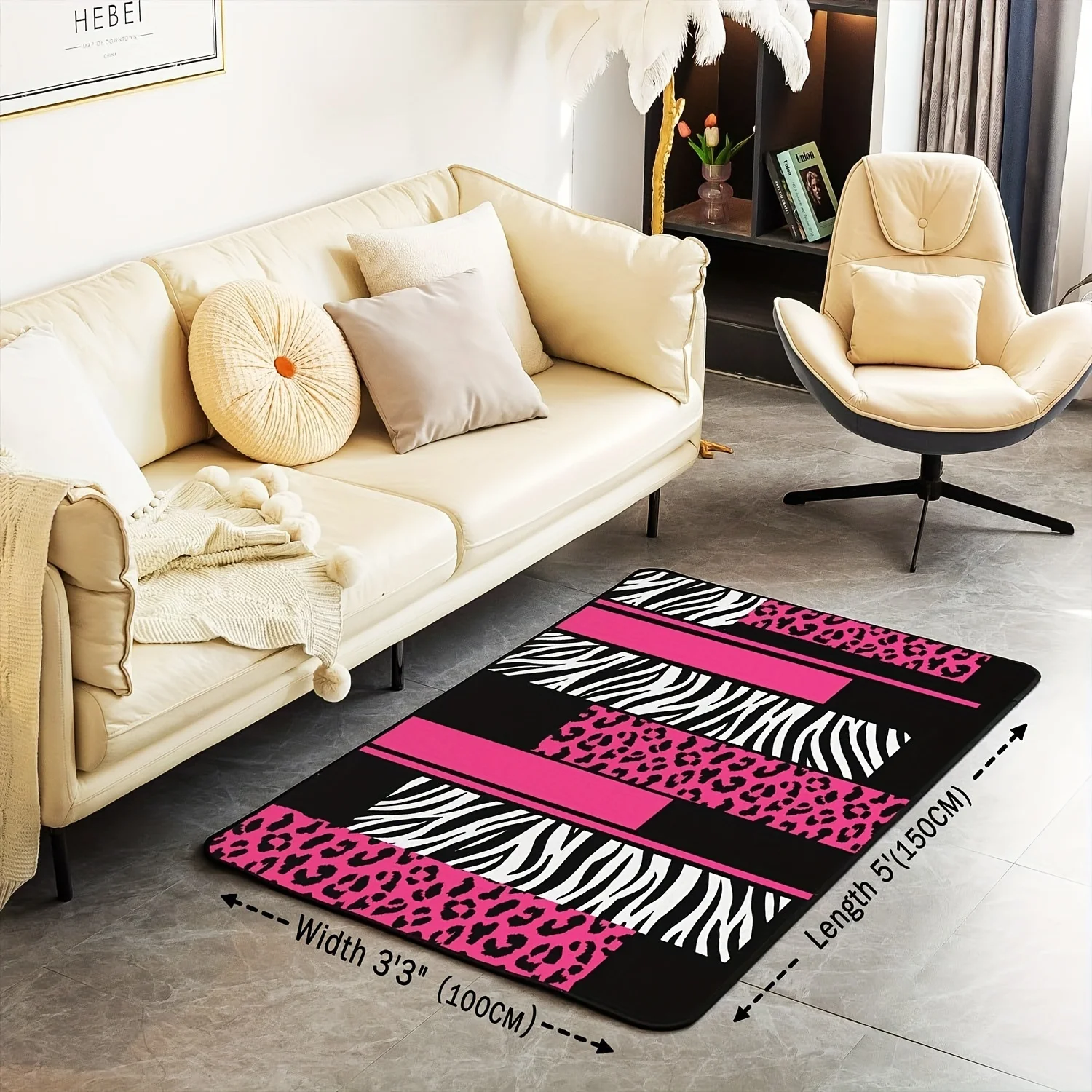 1 Piece Leopard Print Zebra Rug, Leopard Print Pink White Black Special Rug, Suitable for Living Room, Bedroom, Computer Room, Dining Room, under the Table, under the Chair, Non-Slip Rug, Office, Hotel