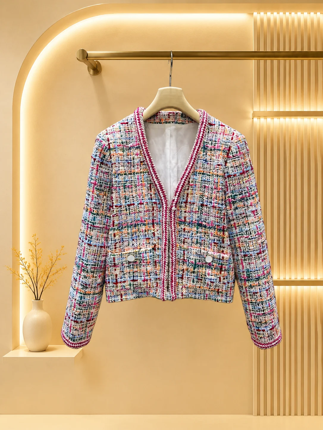 2026 Women Cropped Jacket V‑neckline Multicolor Woven Fabric Braided Trim Patch Pockets Round Metal Buttons Long Sleeve