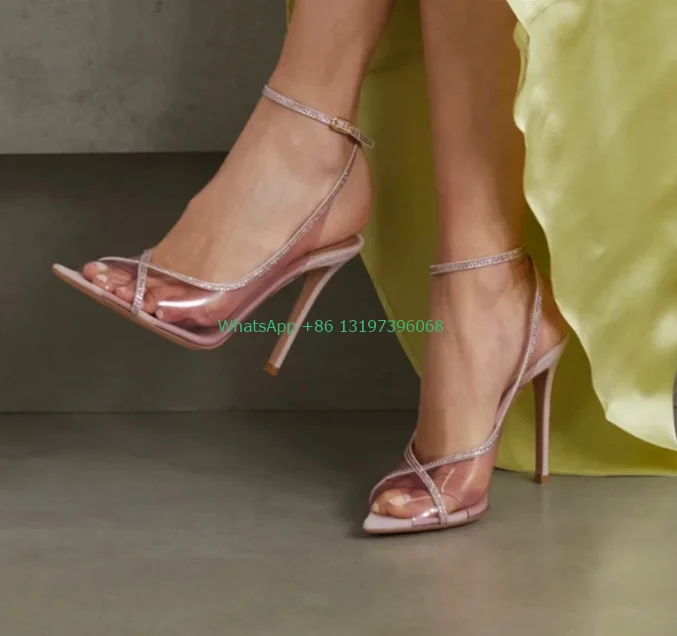 

Lady peep toe rhinestone design sexy high heels PVC pink sandals summer office lady shoes footwear size buckle high heels size