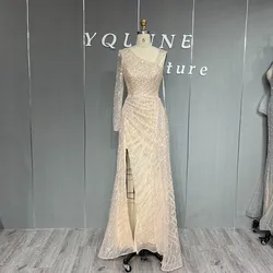 Arabic Nude One Shoulder Long Sleeve Evening Dresses Slit Crystals Beaded Formal Women Mermaid Gown For Party YQLNNE