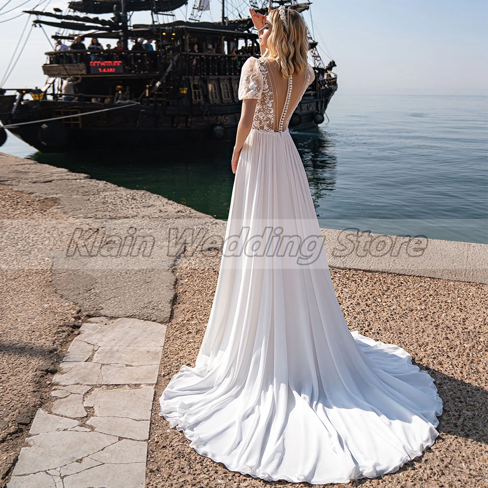 Customized Weilinsha Classic Chiffon Beach Wedding Dress For Brides Deep V-Neck Appliques Lace Civil Bridal Gown With Side Slit